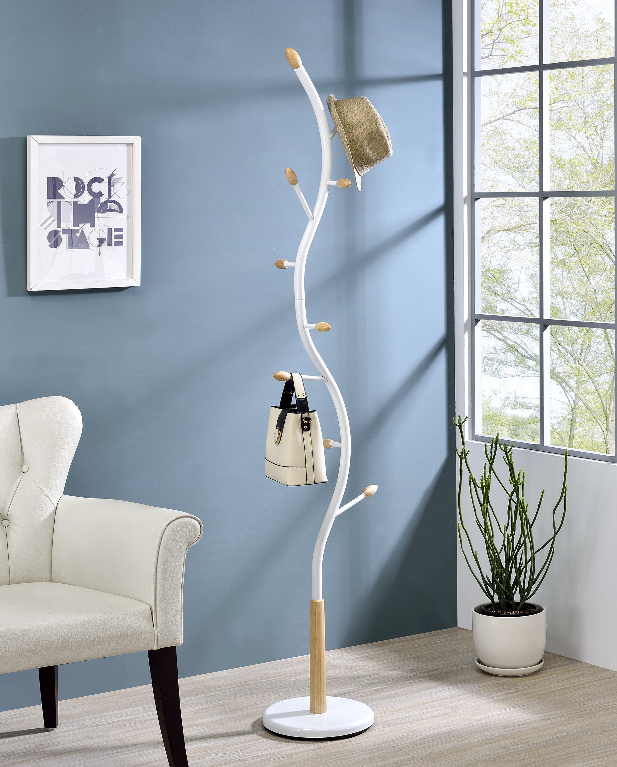 Arles Metal Whtie and Oak Standing Coat Rack