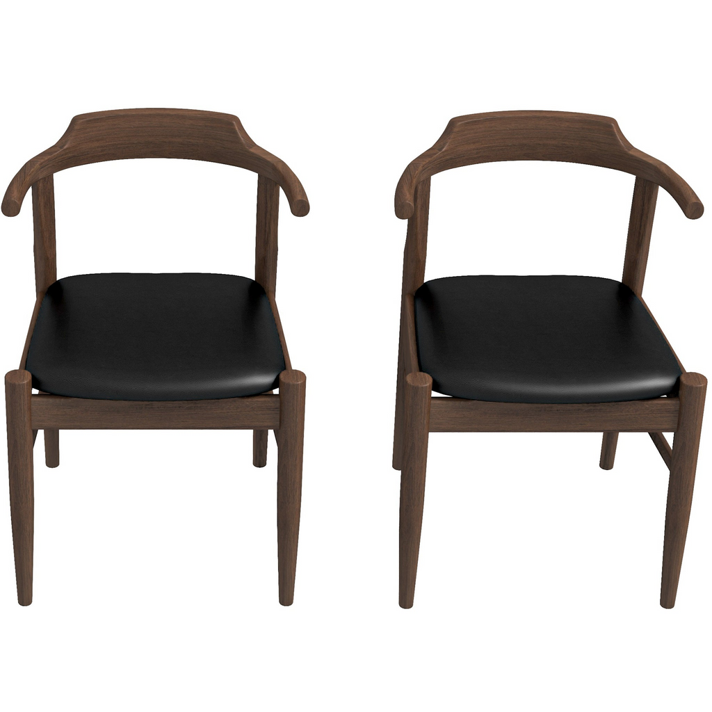 Leon Mid-Century Modern Leather Dining Chair Set of 2 with Solid Wood Frame in Black