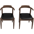 Leon Mid-Century Modern Leather Dining Chair Set of 2 with Solid Wood Frame in Black