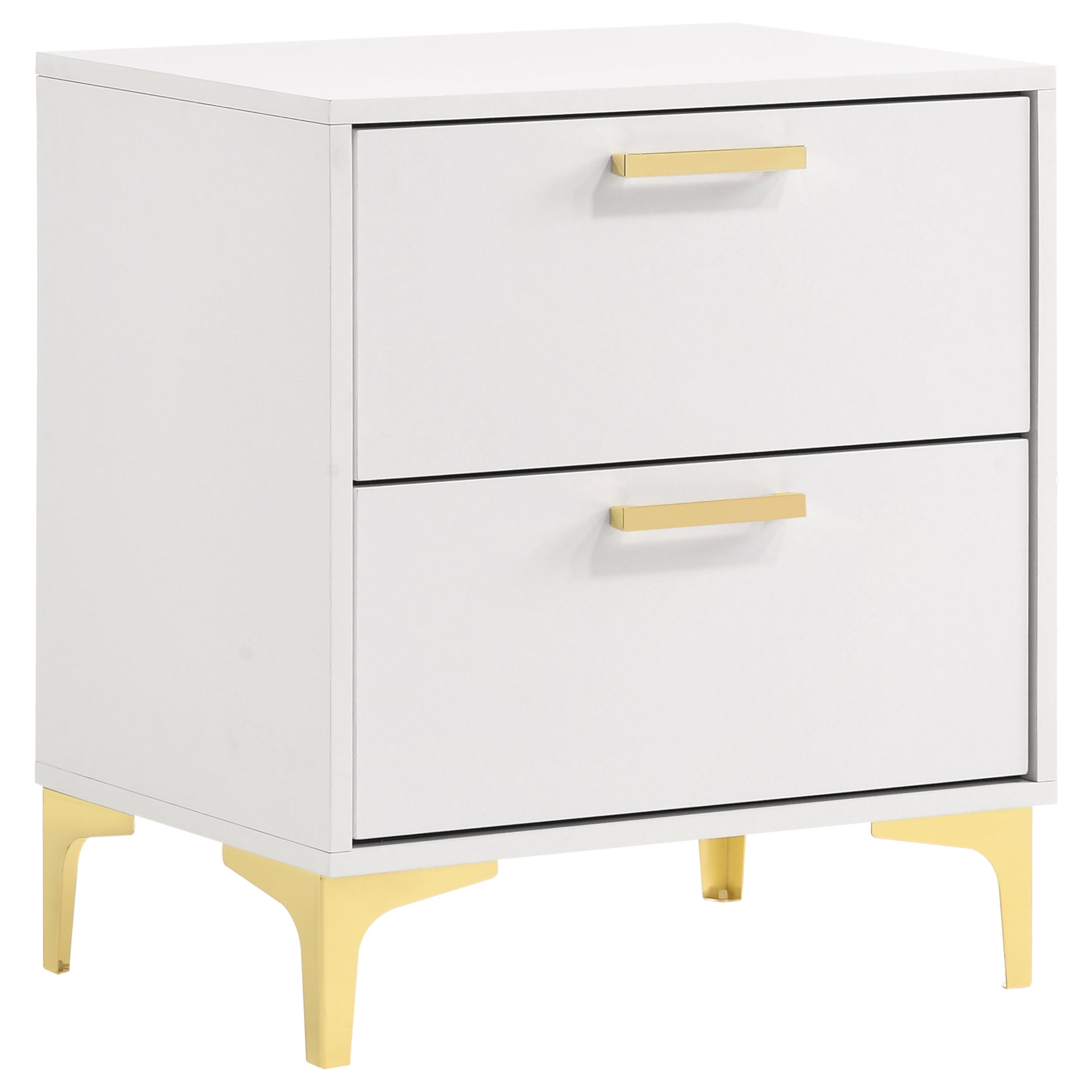 Karena White and Gold 2-Drawer Rectangular Nightstand with Modern Mid-Century Design in Asian Hardwood and Gold Metal Accents