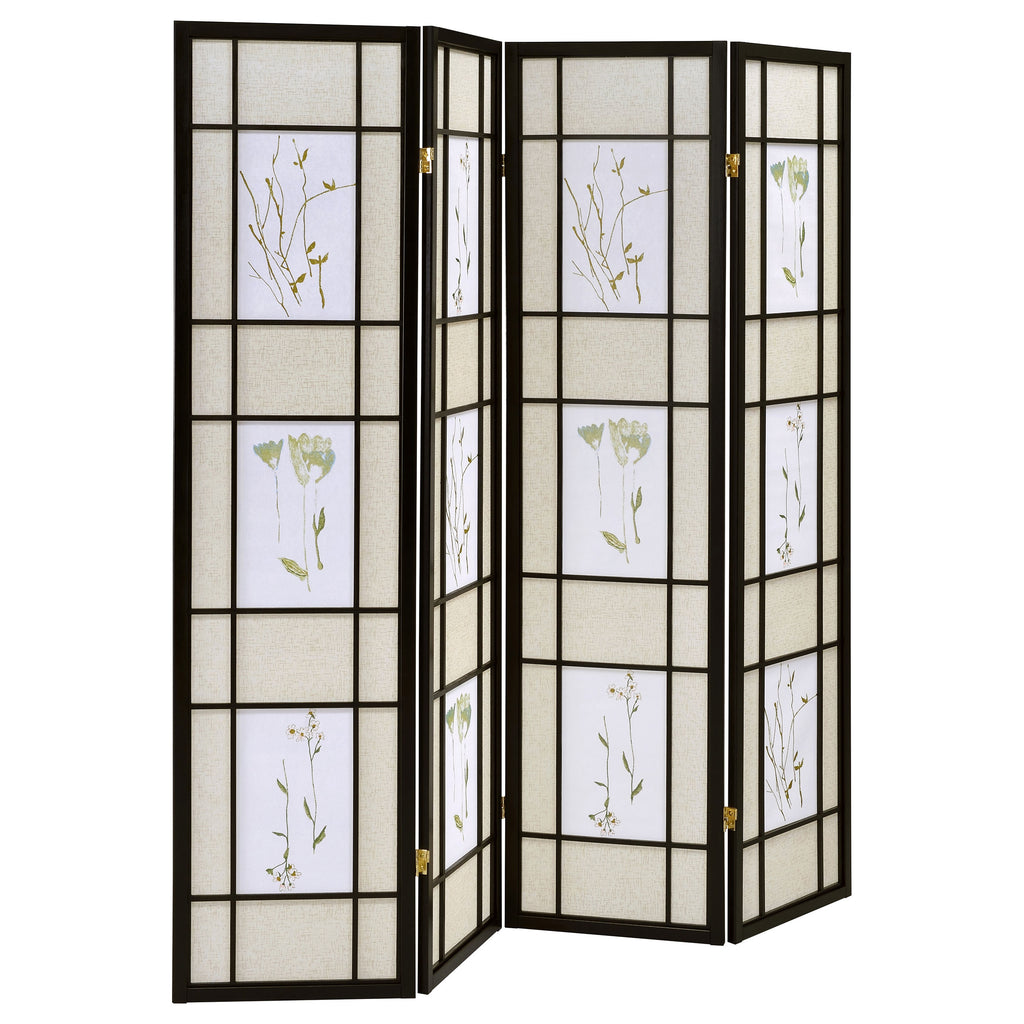 Floral and Black 4-Panel Folding Screen with Floral Motif in Multi-Color Print on Black Wood Frame, 70.25H x 69.5W inches
