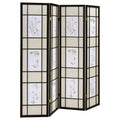 Floral and Black 4-Panel Folding Screen with Floral Motif in Multi-Color Print on Black Wood Frame, 70.25H x 69.5W inches