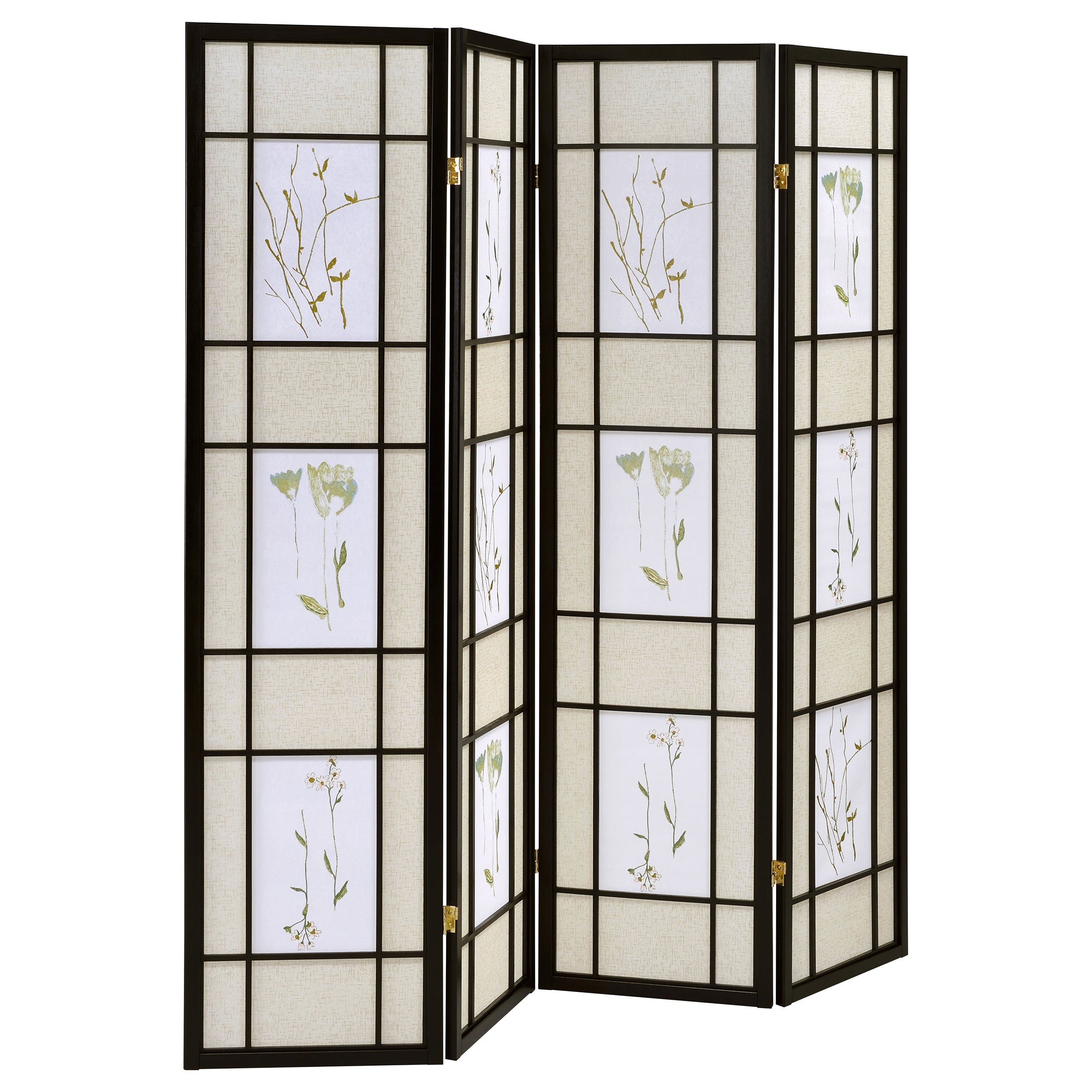 Floral and Black 4-Panel Folding Screen with Floral Motif in Multi-Color Print on Black Wood Frame, 70.25H x 69.5W inches