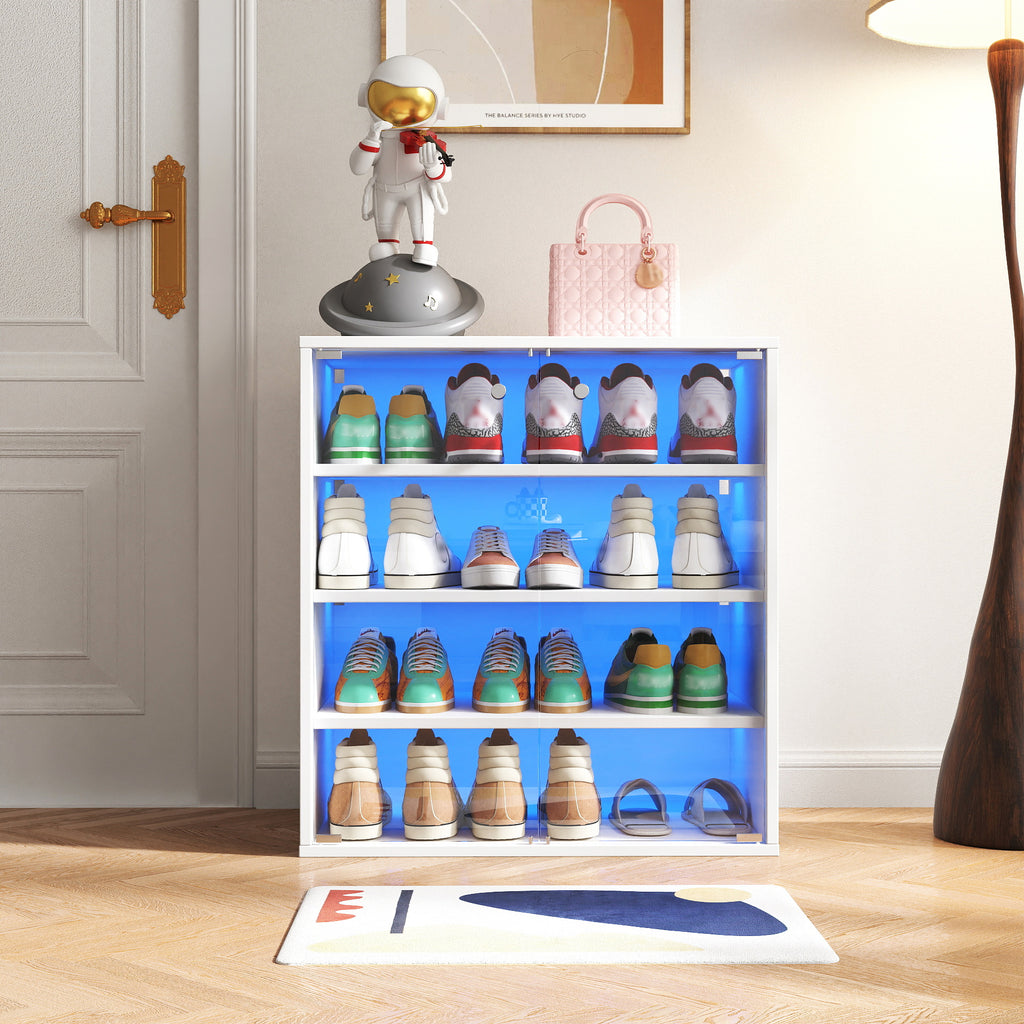 Shoe Box with RGB LED Light, Wooden Stackable Shoe Storage Box with Glass Door, Shoe Storage Bin Shoe Display Case for Sneakers (4 Tier-1)
