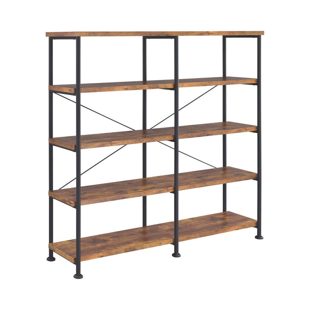 Antique Nutmeg and Black Double-Wide Bookcase with Metal Frame and Wood Shelves, 63H x 60W x 14.25D
