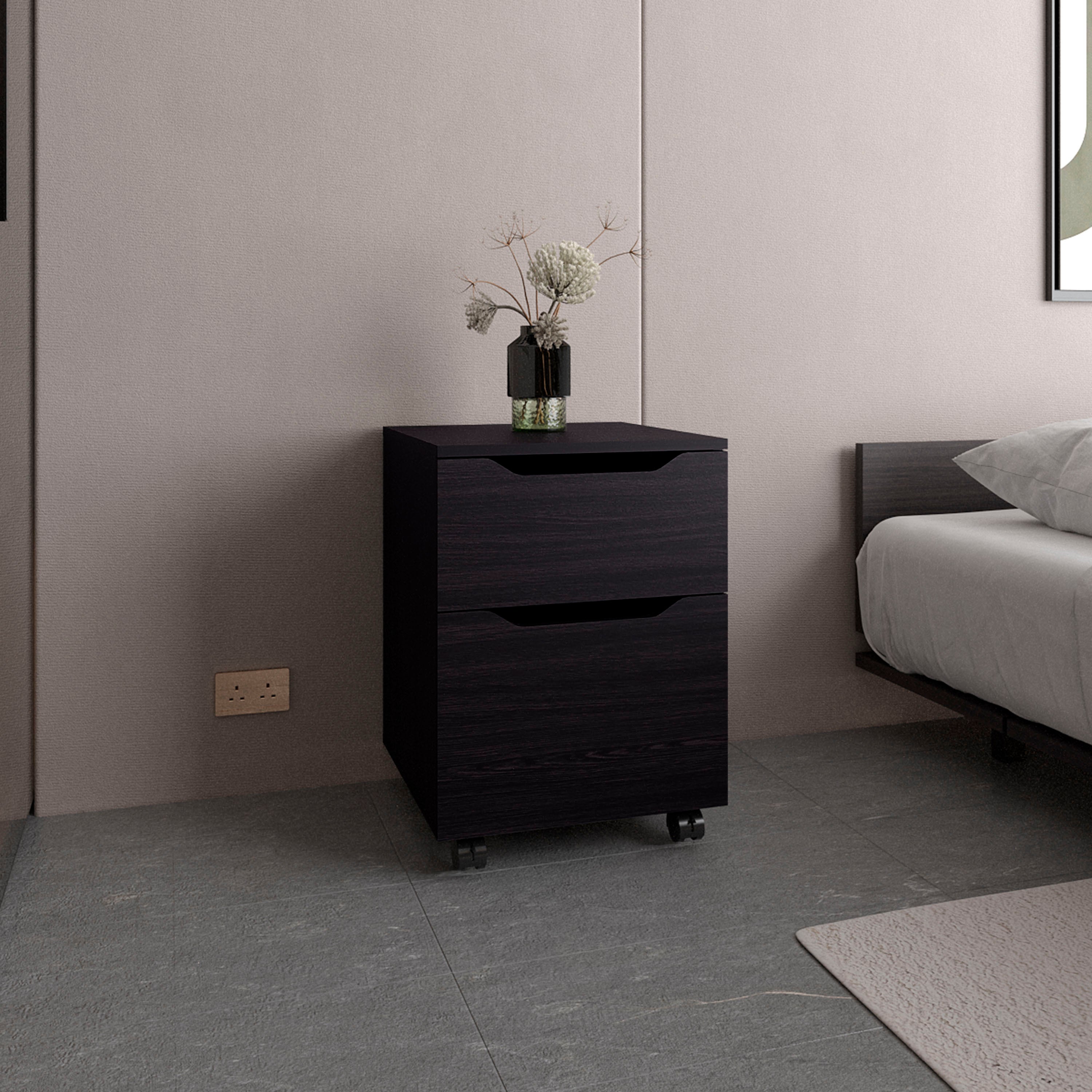 Ethan Open Shelves Nightstand With One Door, Modern Bedside Table For Bedroom Storage, Black