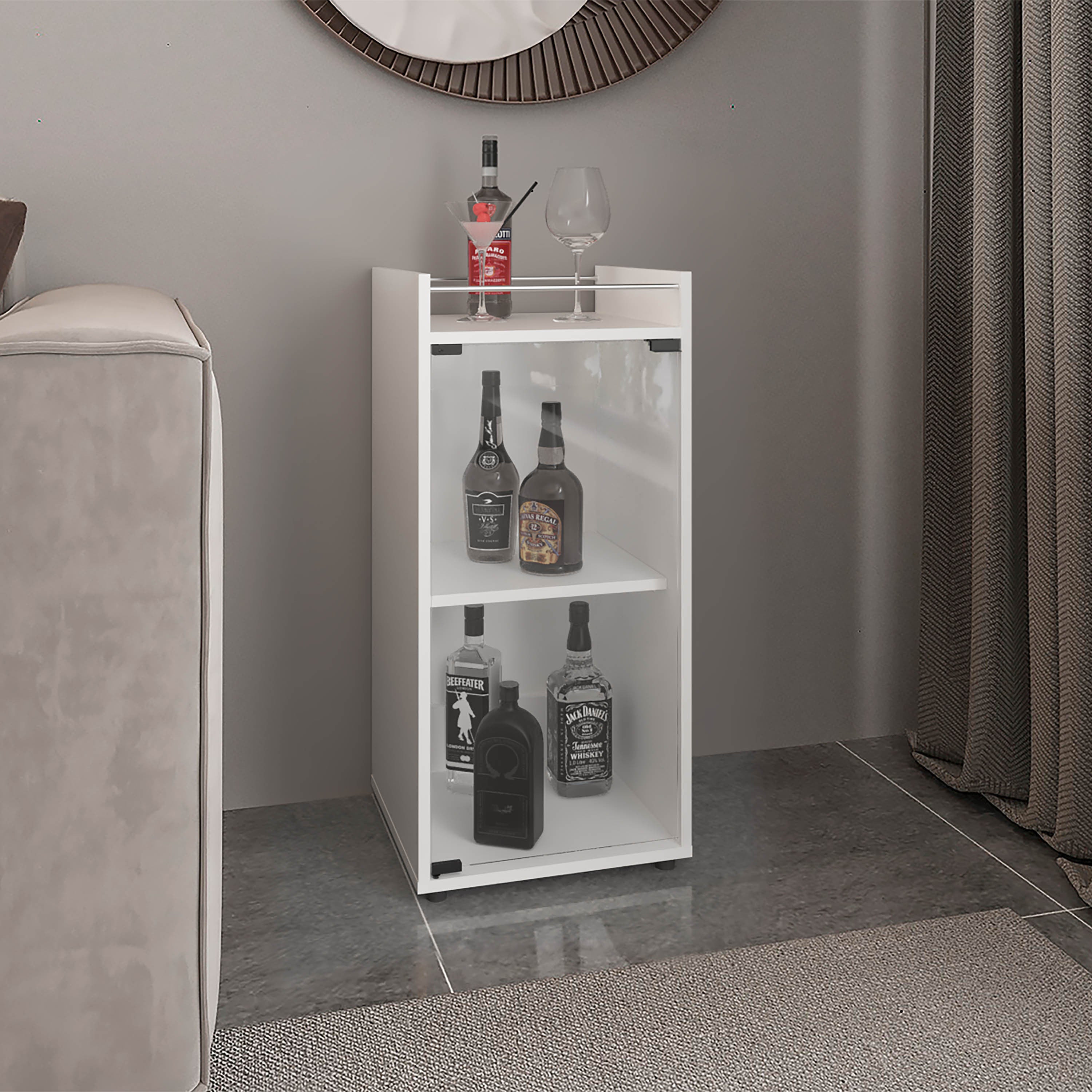 Theba Minibar Cabinet Two Doors, Open Shelf And Compact Design, Modern Bar Storage, White