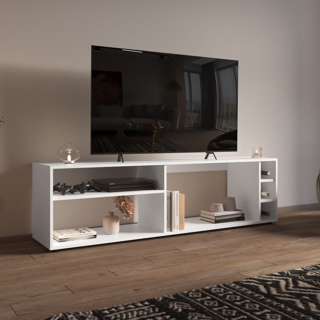 Suxta 63' Wide Tv Stand with Three Open Shelves and Three Bottle Cubbies, Cable Management, Bar Tv Stand, Living Room, Tv Room White