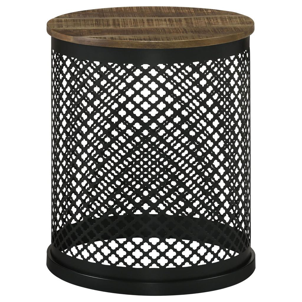 Natural and Black Drum Base Accent Table with Eco-Friendly Mango Wood Top and Metal Latticework Base