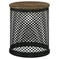 Natural and Black Drum Base Accent Table with Eco-Friendly Mango Wood Top and Metal Latticework Base