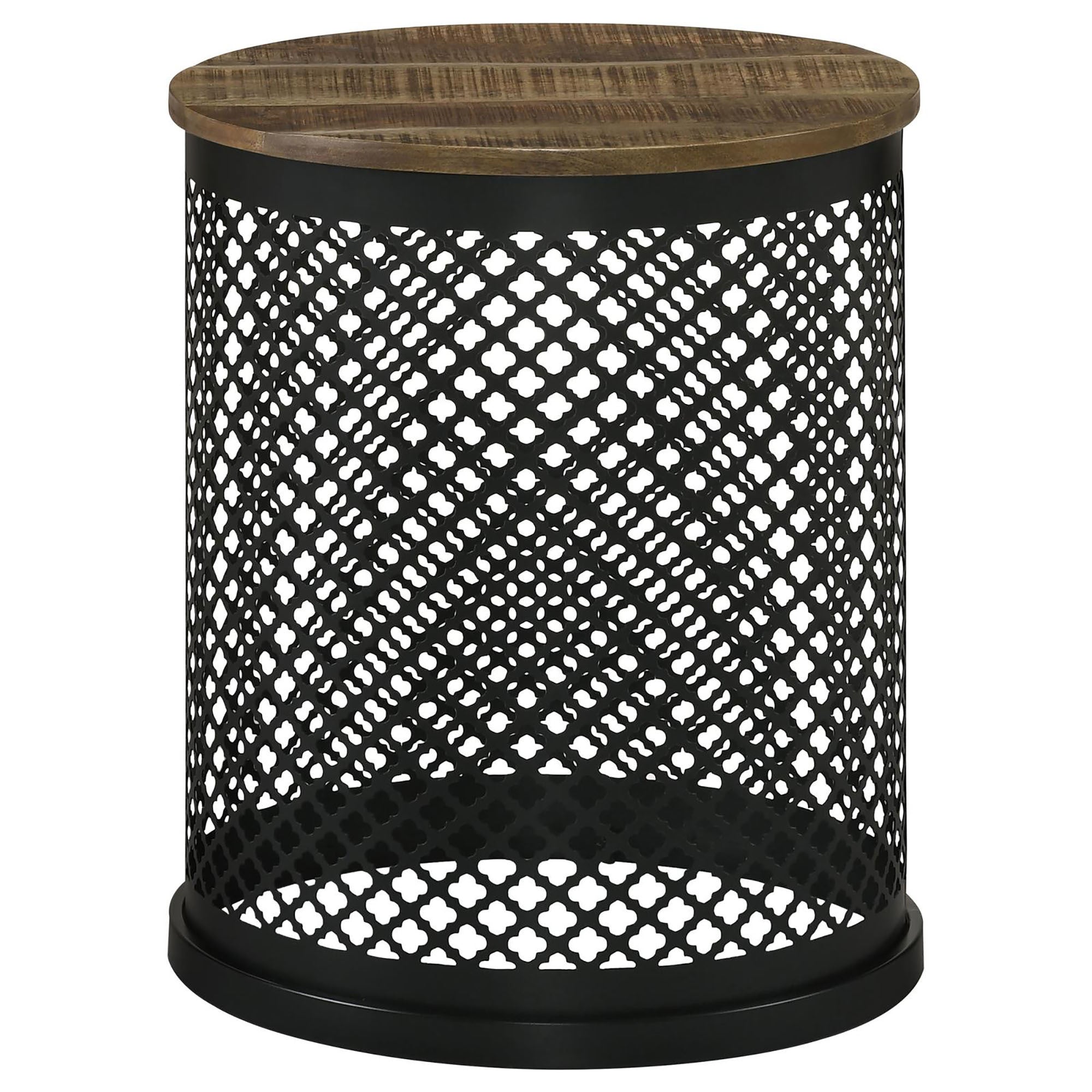 Natural and Black Drum Base Accent Table with Eco-Friendly Mango Wood Top and Metal Latticework Base
