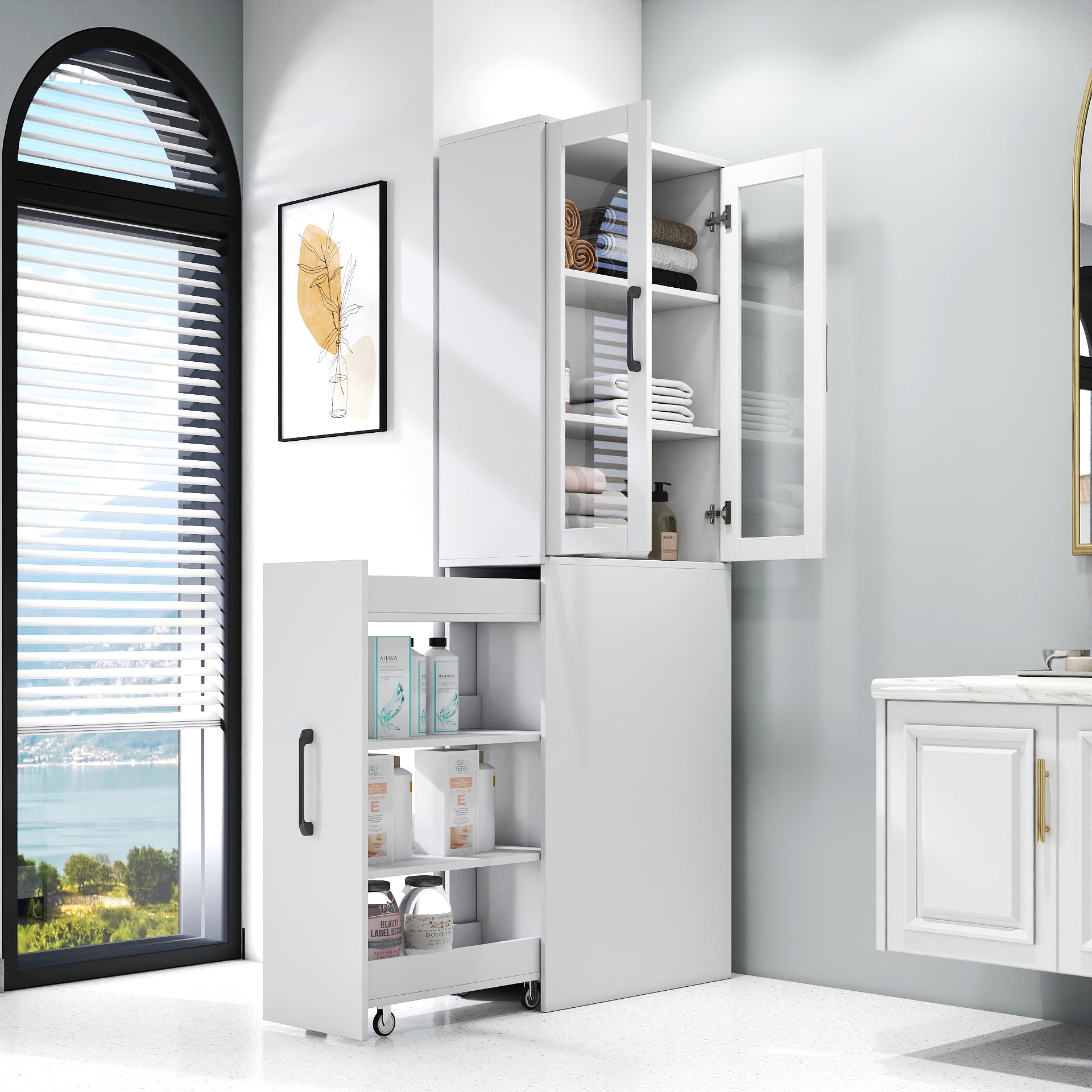 70.87' H Display Storage  Cabinet , 4 Tier multi-functional pull-out multi-tier storage shelf & 2 Glass Doors, Modern Wooden  Kitchen Pantry Cabinet for Living Room or Kitchen and Dinning Room