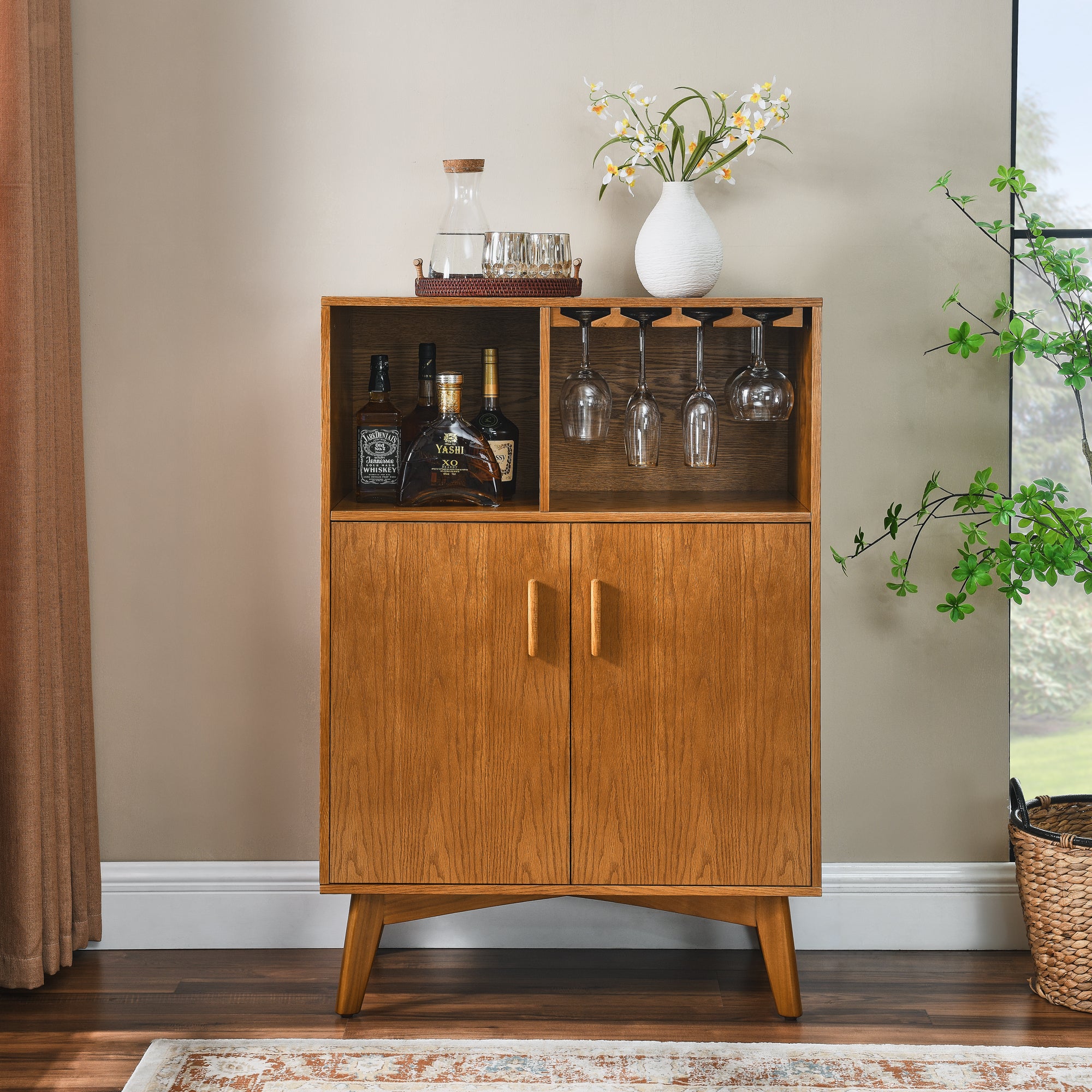 31.5' Liquor Cabinet with Wine Glass Holder & Wine Rack & Adjustable Shelf, Wine Cabinet, Kitchen Coffee Bar Cabinet, Rustic Sideboard Buffet  Cabinet with storage for Home Farmhouse Dining Room