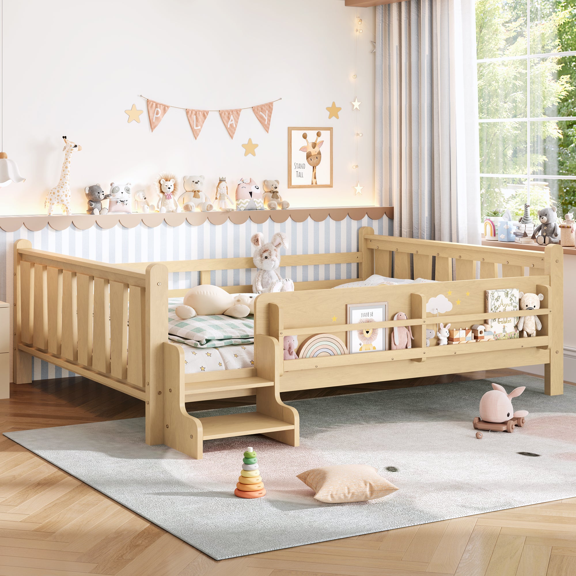 Queen Size Floor Bed with Storage Bookcases, Solid Wood Kids Floor Bed with Cute Stairs and Guardrails, No Box Spring Needed, Light Natural