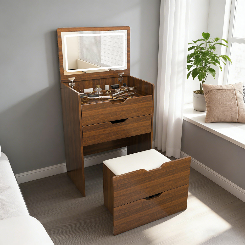 3-in-1 Vanity Desk with Flip Top Lighted Mirror & Storage Stool, Compact Makeup Dressing Table for Bedroom, Bathroom, or Dressing Room (23.L, Walnut)