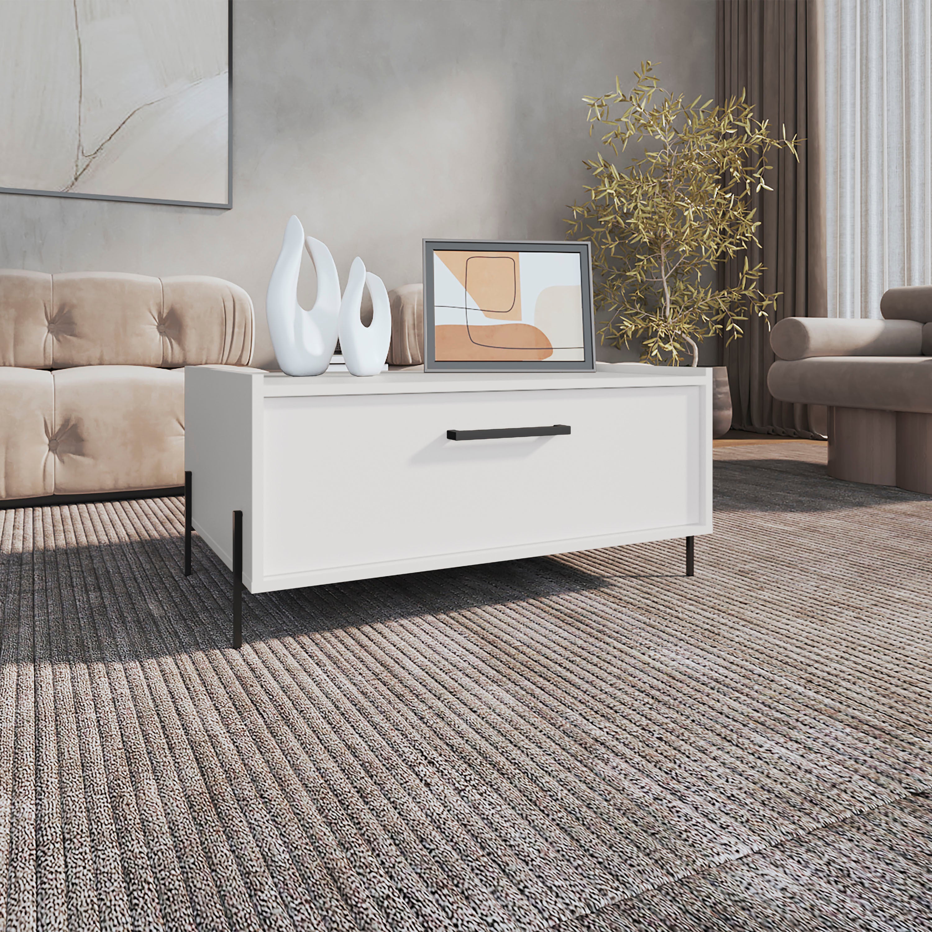 Shan 15'High Minimalistic Coffe Table with Pull Down Cabinet and Open Shelf White