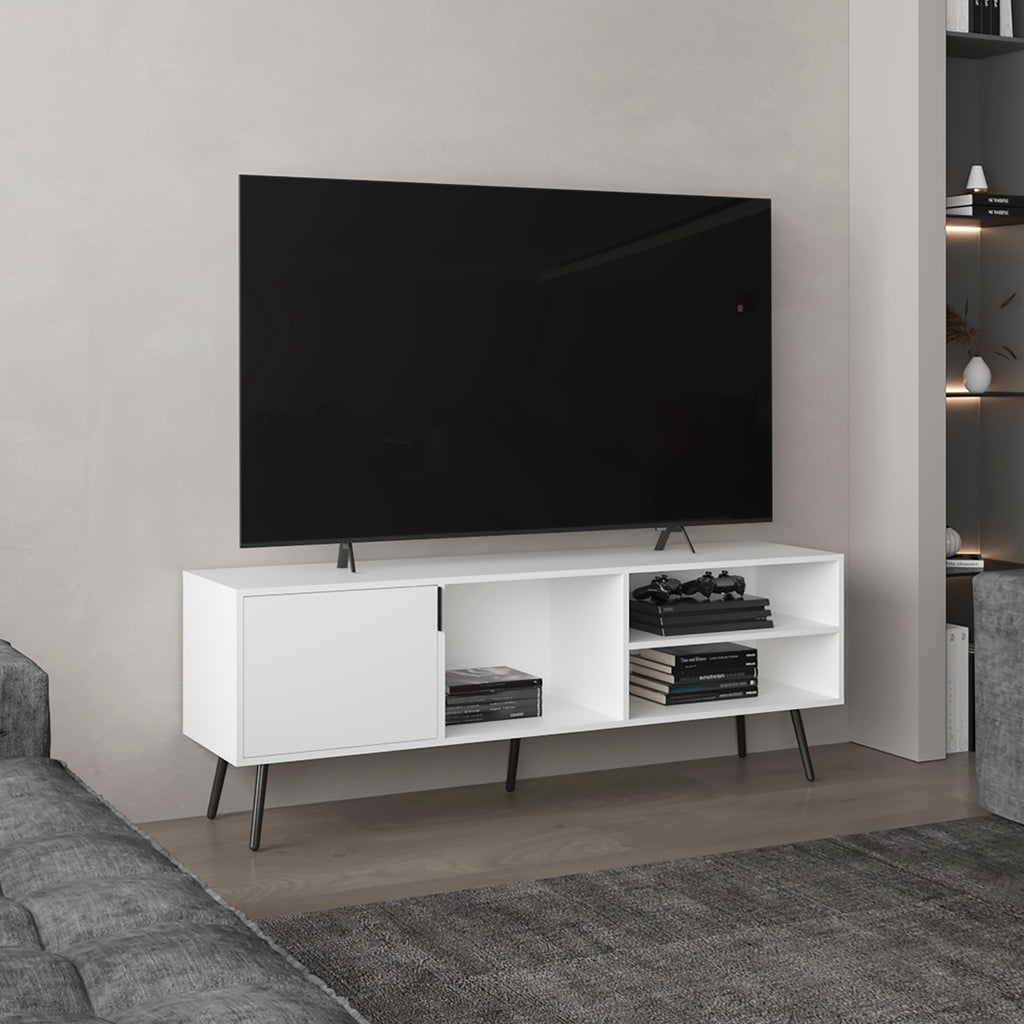 Vulcan 63' Wide Tv Stand with One Cabinet, Three Open Shelves, Cable Management, Living Room, Tv Room White