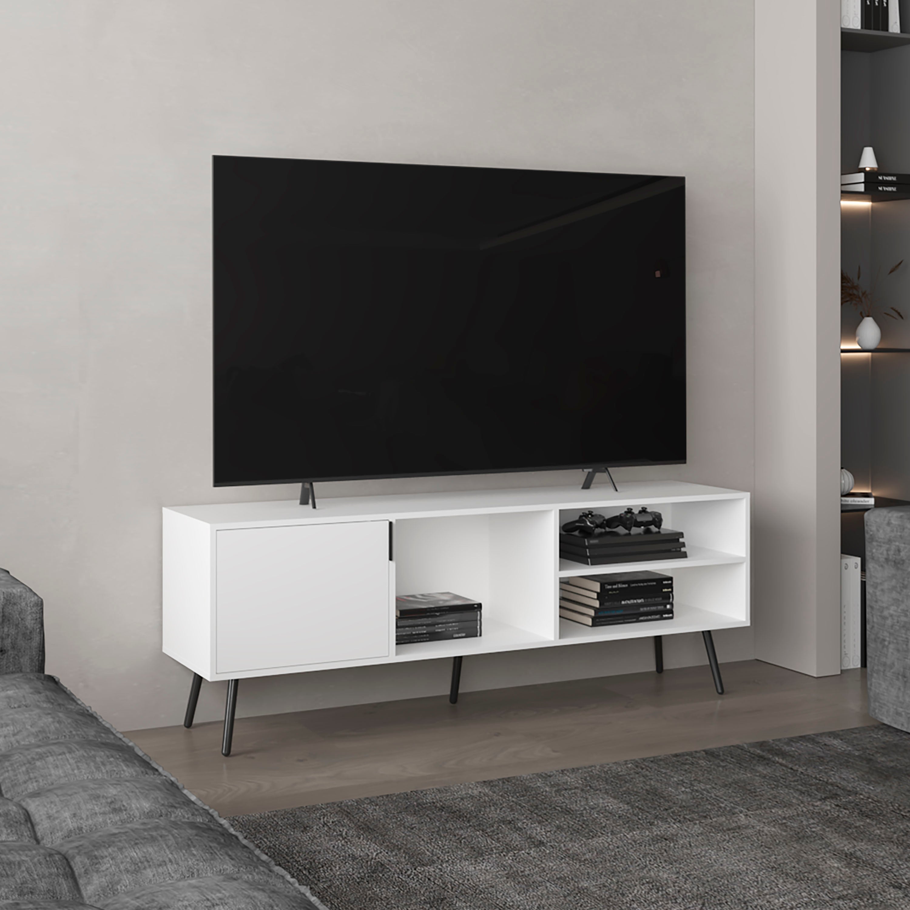 Vulcan 63' Wide Tv Stand with One Cabinet, Three Open Shelves, Cable Management, Living Room, Tv Room White