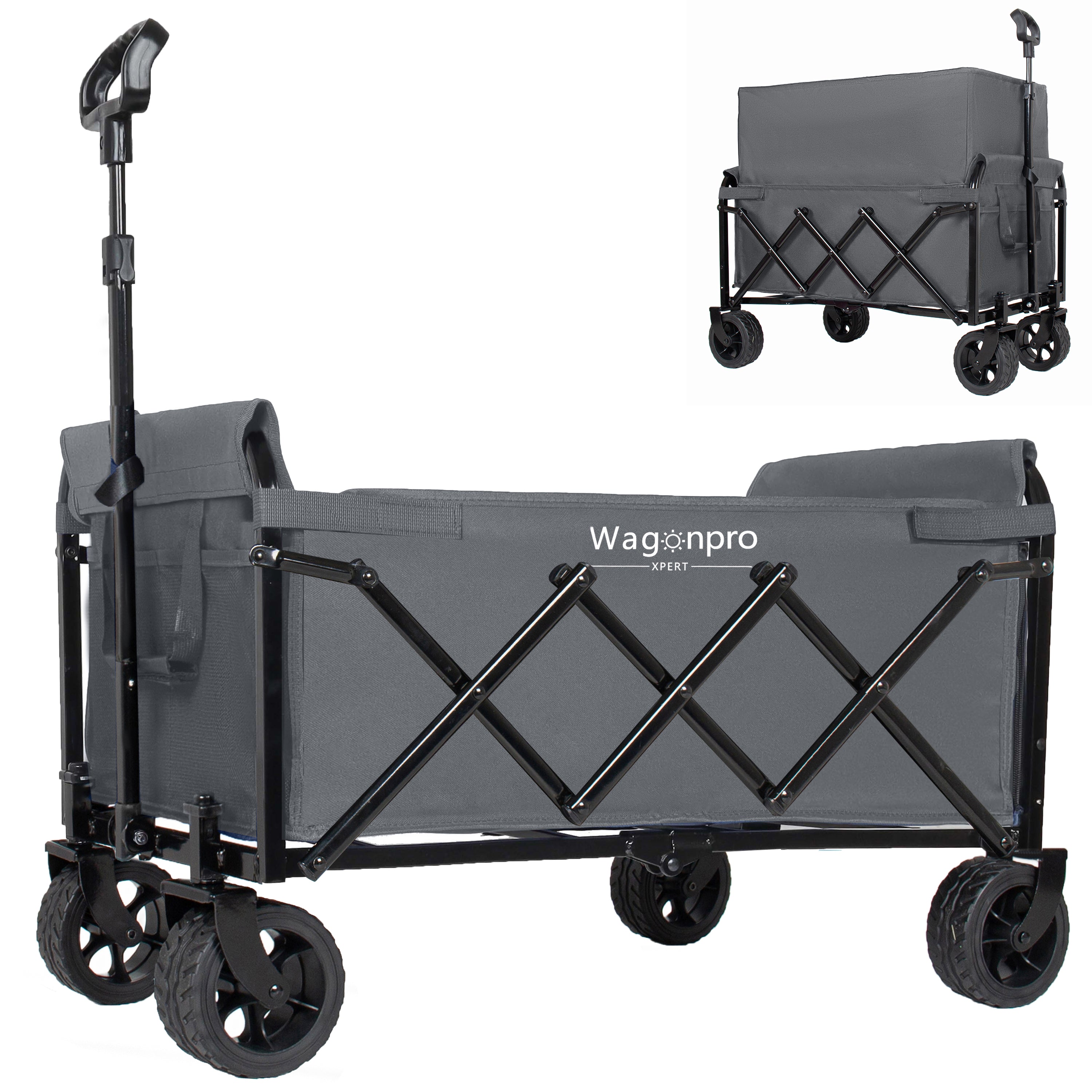 Upgraded 5*2' Wide Wheels-Expandable Dual-Layer Utility Wagon with 100% Extra Space, 220lbs Capacity Grocery Cart for Camping, Shopping, Sports, Gardening, Fishing, Gray