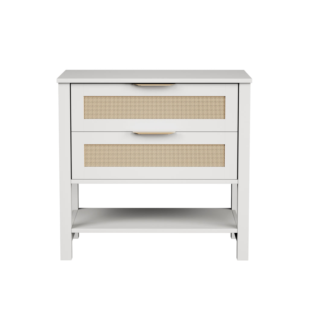 Rattan Nightstand with 2 Drawers and Storage Shelf Boho Bedside Narrow Side Table for Bedroom
