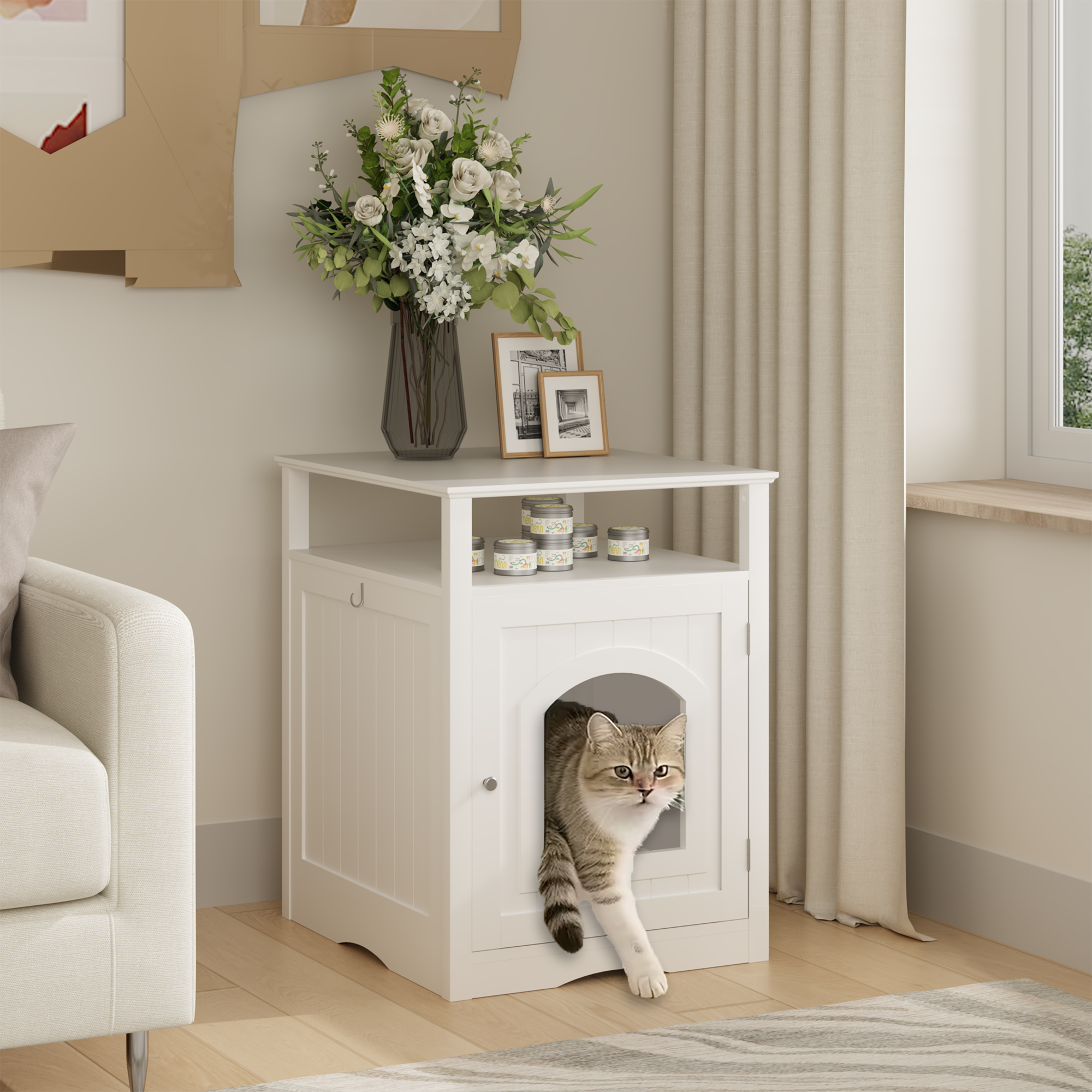 Cat Litter Box Enclosure Furniture, Indoor Wooden Cat House with Enclosed Cabinet, Hidden Litter Box Furniture with Storage Shelf, Modern Cat Condo Side Table for Living Room or Bedroom – White