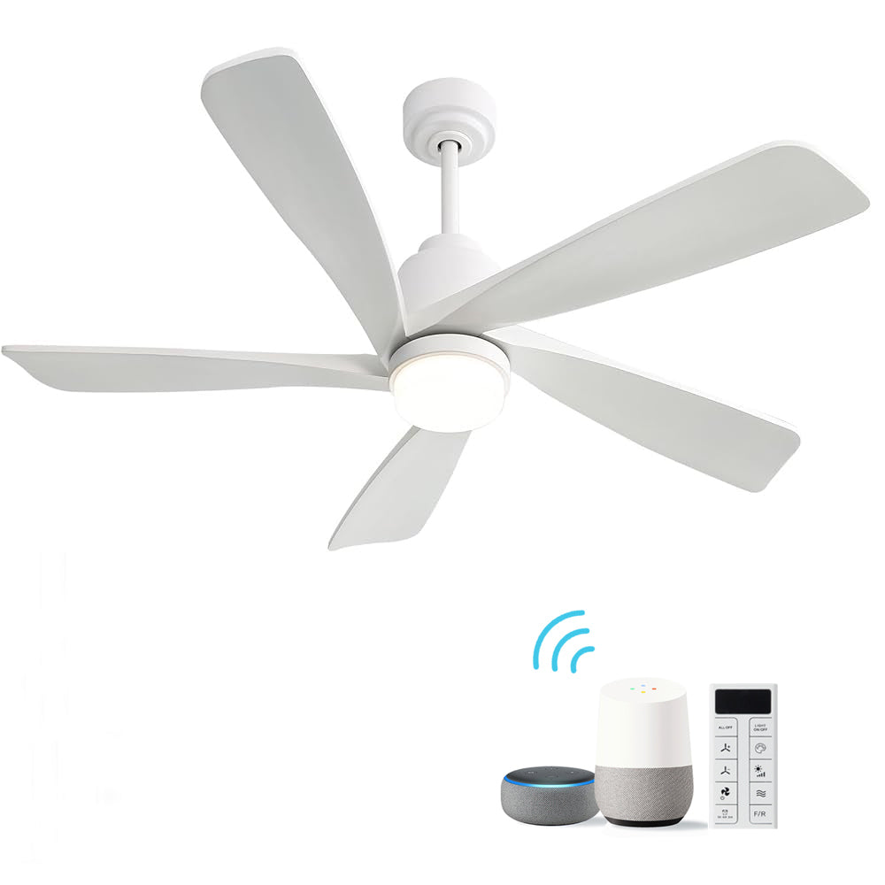 (Same as W882P146361)52 Inch Modern Ceiling Fan With Dimmable LED Light 5 Solid Wood Blades Remote Control Reversible DC Motor With Smart Control