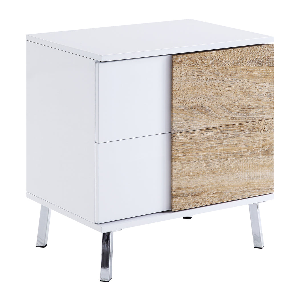 White High Gloss and Natural End Table with 2 Drawers