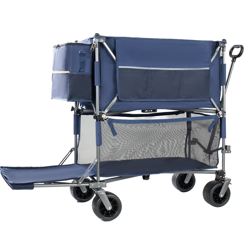 55' Heavy Duty Double-Layer Wagon with Brakes,560LBS Double Decker Wagon, 650L Collapsible Wagons Carts with 7''x4''All-Terrain Wheels for Sports,Camping,Fishing,Transport, Dark Blue