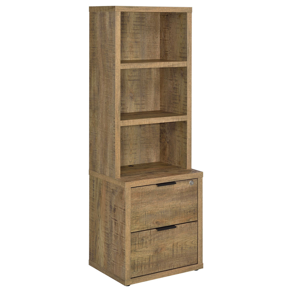 Geary Mango 3-Shelf Bookcase with USB Port and Lockable Drawer in Mango Finish, Engineered Wood, 61.25H x 19.75W x 15.5D