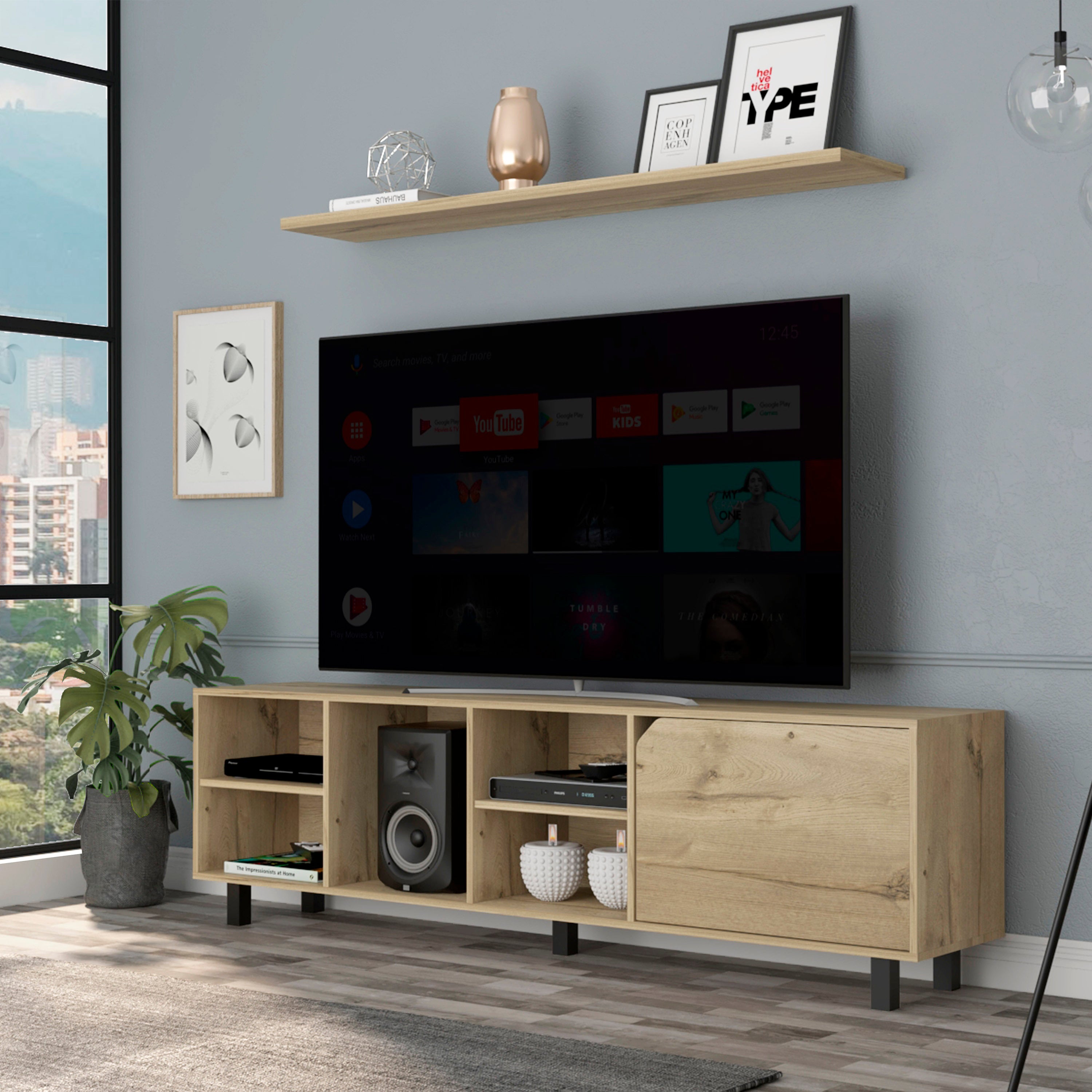 Valdivia Tv Stand for TV´s up 70', Four Open Shelves, Five Legs -Light Oak