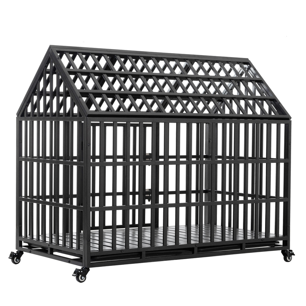 Heavy Duty 52' Carbon Steel Dog Crate with 4 Lockable Wheels, Black, for Large Dogs, Strong Metal Kennel with Spire Roof and Removable Tray