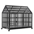 Heavy Duty 52' Carbon Steel Dog Crate with 4 Lockable Wheels, Black, for Large Dogs, Strong Metal Kennel with Spire Roof and Removable Tray