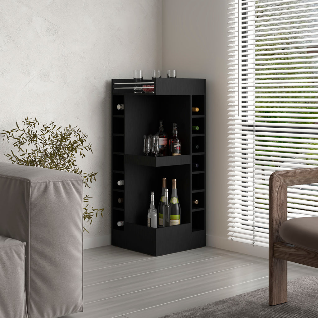 Lyman 46' Tall 3-Tier Corner Bar Cabinet with Fourteen Wine Bottle Cubbies, Living Room, Liquor Cabinet, Storage Cabinet Black