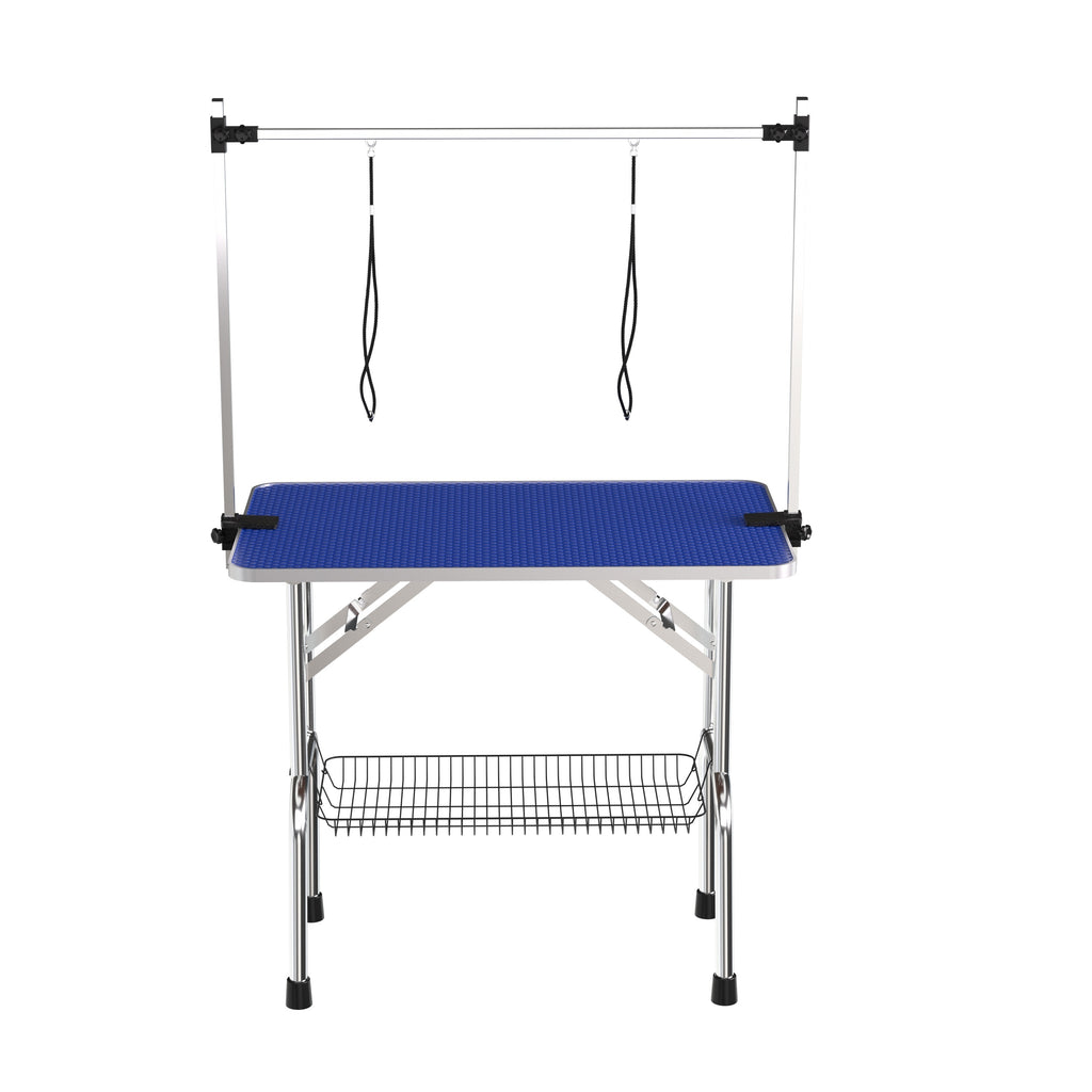 Large Heavy Duty Pet Grooming Table with Adjustable Arm and Clamps, 42'' Blue Stainless Steel Frame with Ribbed Rubber Surface