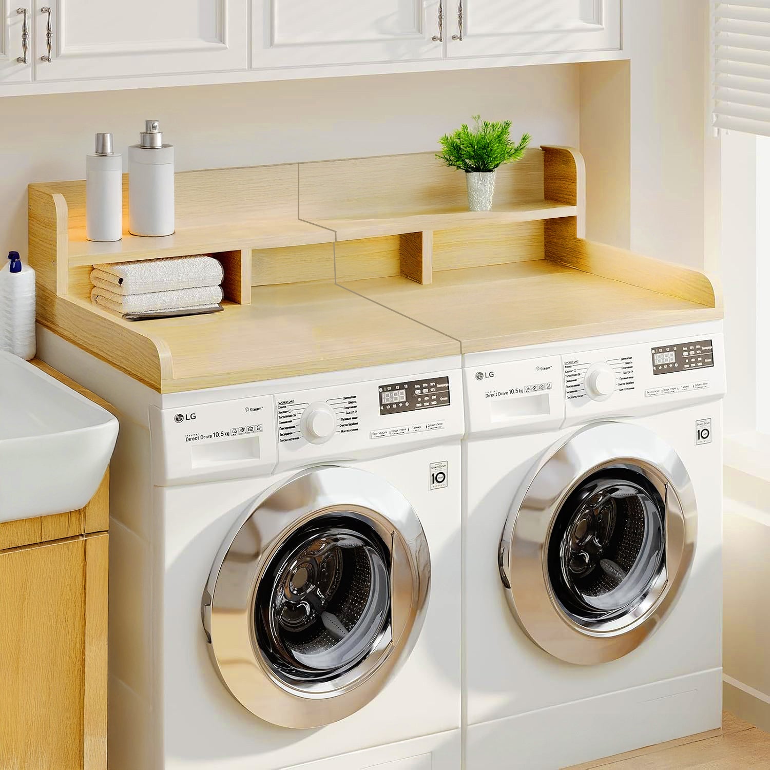 Washer Dryer Countertop with Non-slip Pads, Laundry Wood Shelf Topper with Edge, 54' Width x 27.5' Depth Double Layer Organizer for Washer and Dryer Laundry Hamper Counter Storage Organization (OAK)