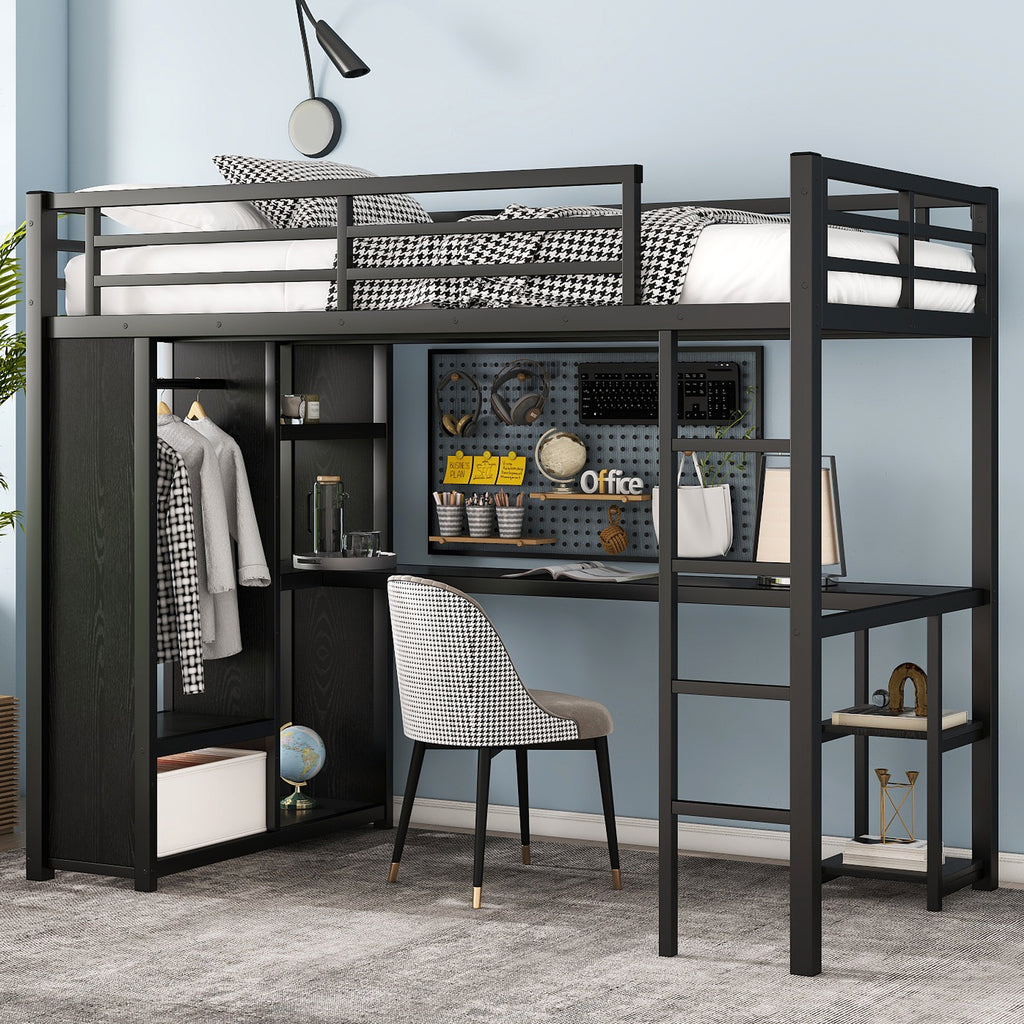 Twin XL Size Loft Bed Frame with Built-in Wardrobe, Metal Loft Bed with Desk and Storage Shelves, Black
