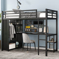 Twin XL Size Loft Bed Frame with Built-in Wardrobe, Metal Loft Bed with Desk and Storage Shelves, Black