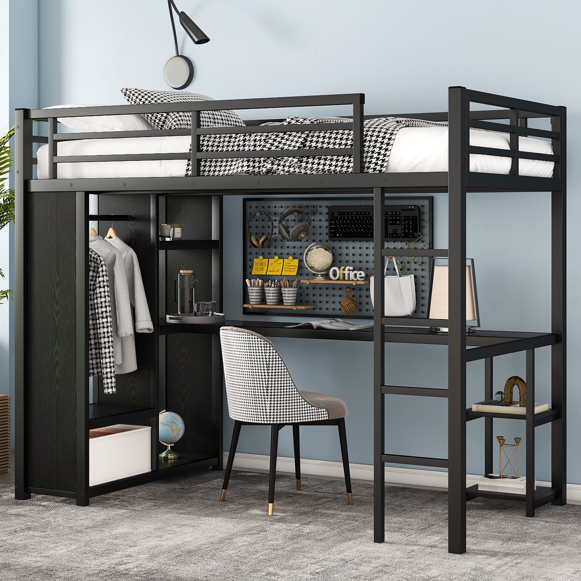 Twin XL Size Loft Bed Frame with Built-in Wardrobe, Metal Loft Bed with Desk and Storage Shelves, Black