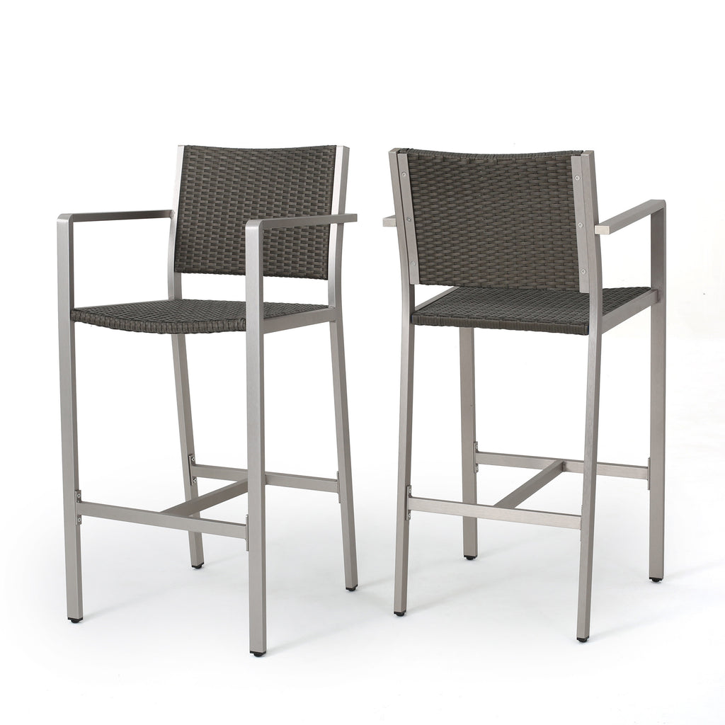 29.50' Outdoor Rust-Proof Aluminum Barstools with PE Rattan Seat and Backrest, Silver & Grey