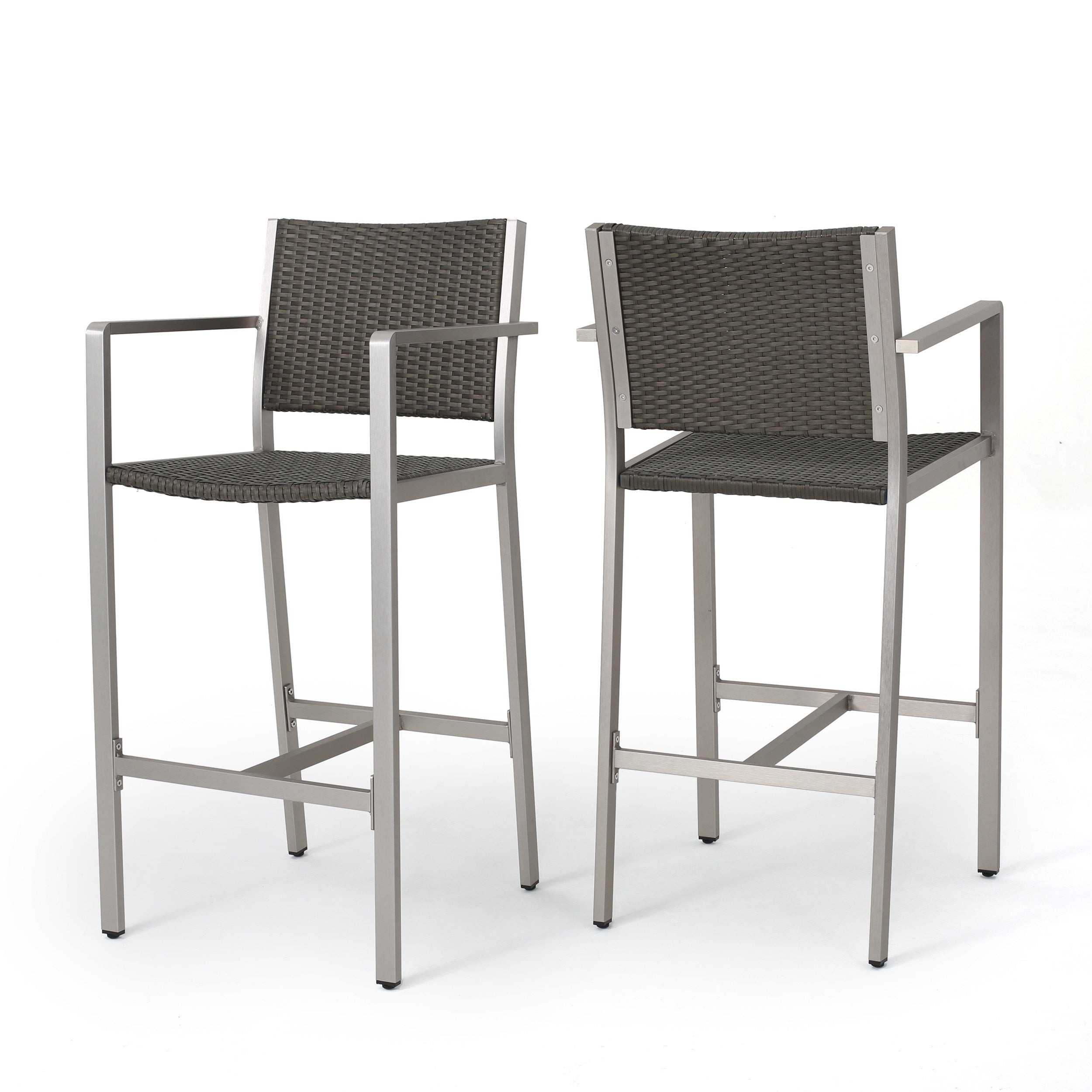 29.50' Outdoor Rust-Proof Aluminum Barstools with PE Rattan Seat and Backrest, Silver & Grey