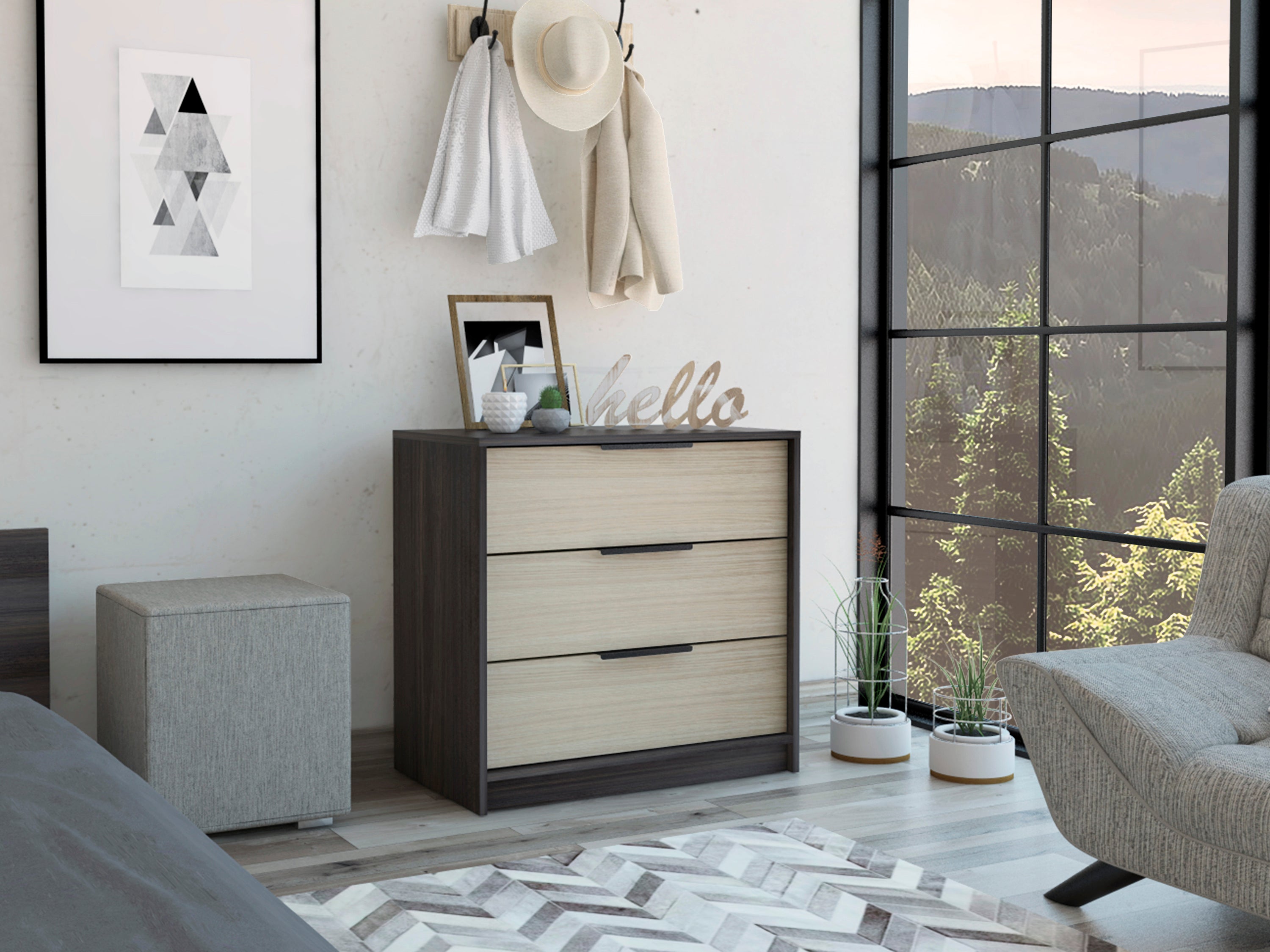 Kaia 3 Drawers Dresser, Superior Top -Black / Pine