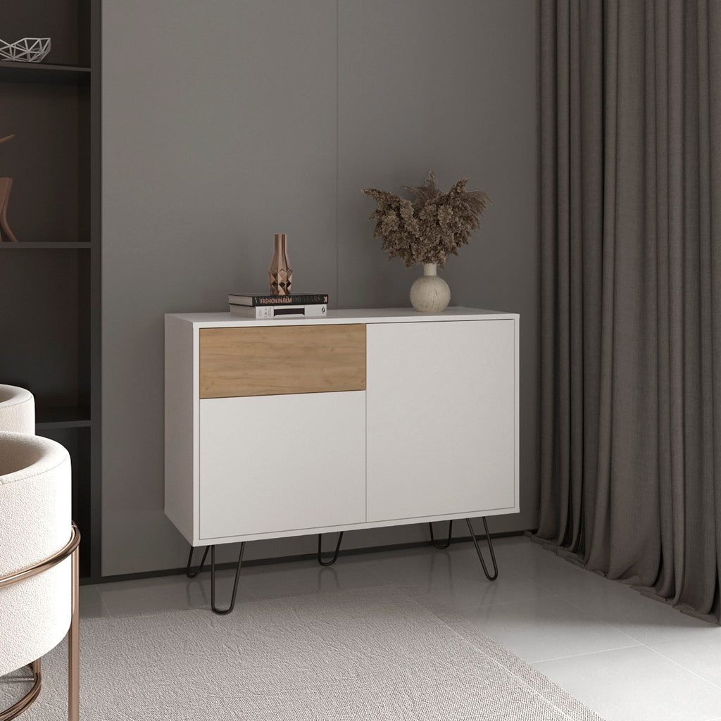 Tori 39' Wide Console Table With Two Cabinets, One Drawer and Four Shelves, White - Natural Oak