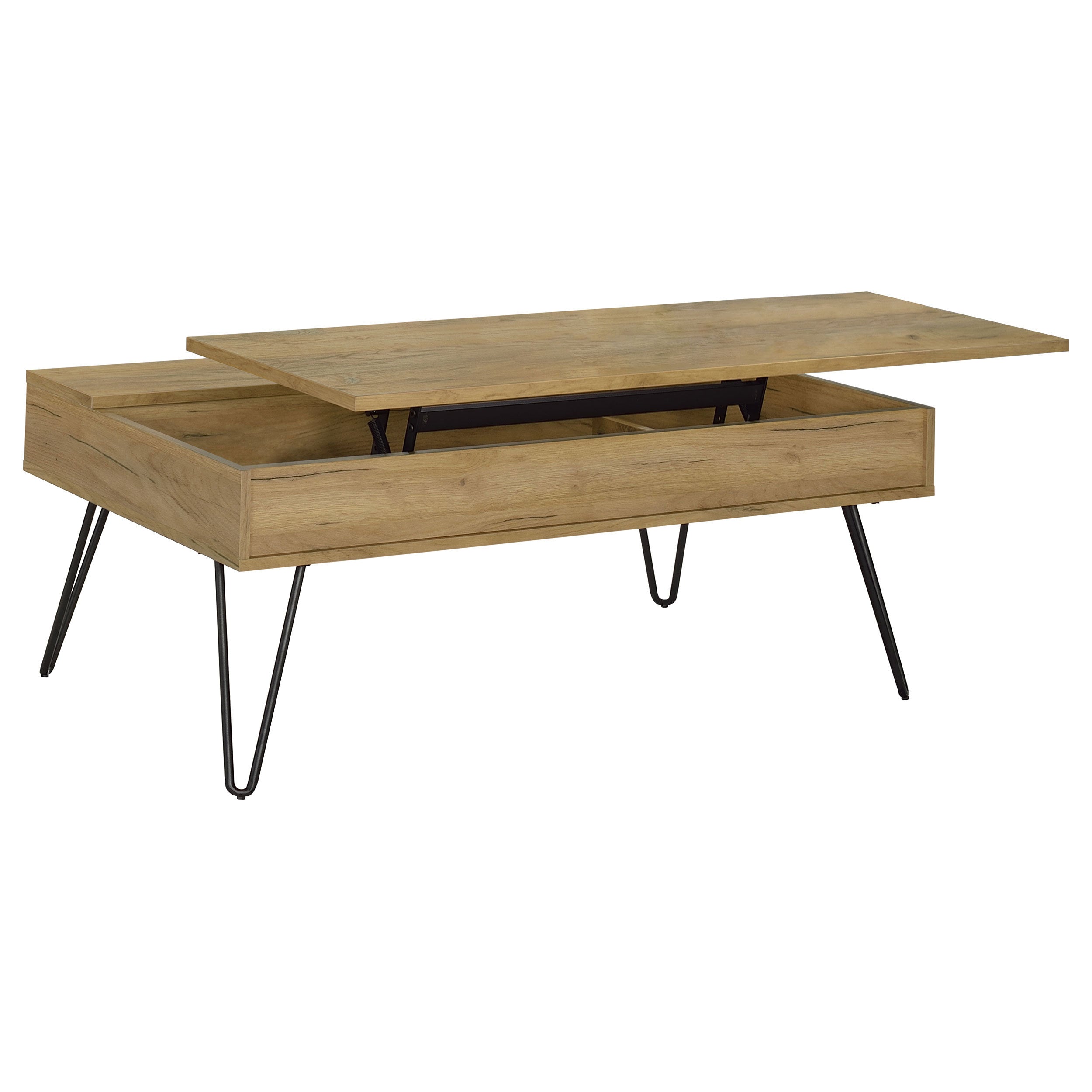 Amara Golden Oak and Black Lift Top Coffee Table with Hidden Storage, Wood and Metal Construction, Rectangular Design
