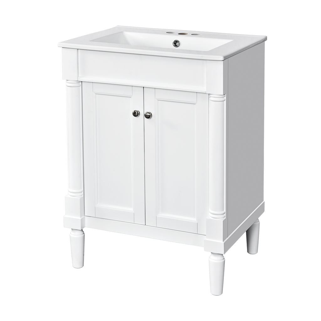 Modern 24'' Bathroom Vanity with Top Sink, White Ceramic Basin, Solid Wood Frame & MDF Cabinet, 2-Tier Storage, Rectangular Design