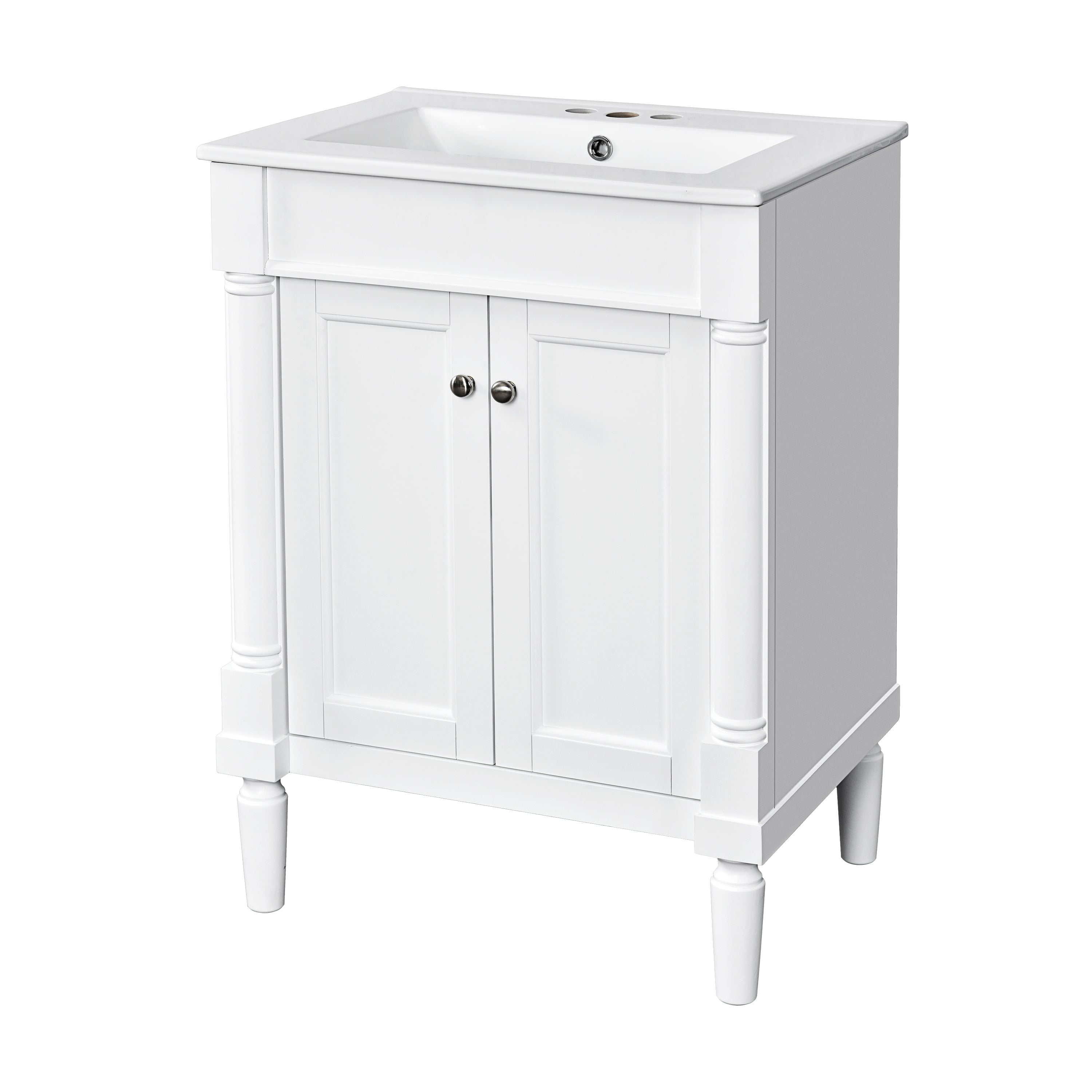 Modern 24'' Bathroom Vanity with Top Sink, White Ceramic Basin, Solid Wood Frame & MDF Cabinet, 2-Tier Storage, Rectangular Design
