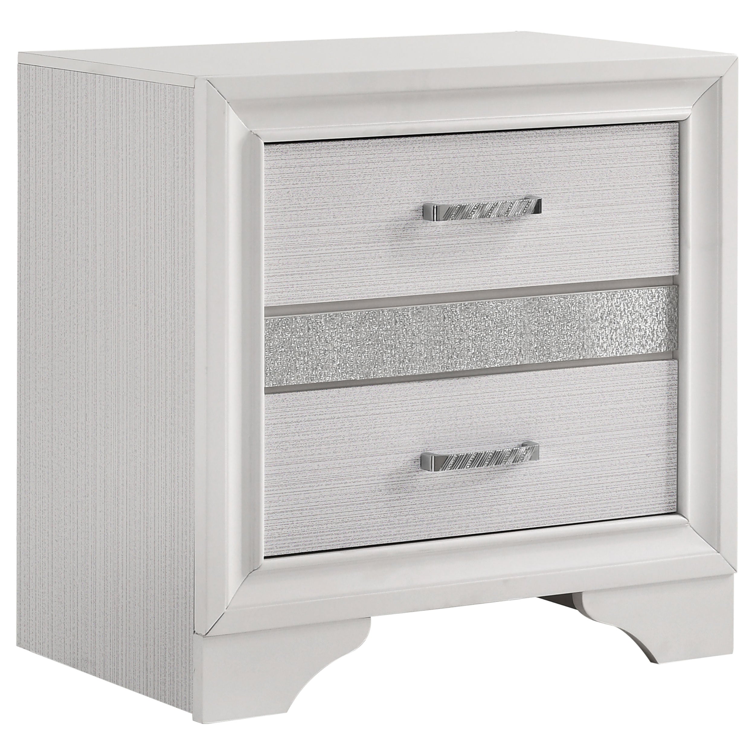 White Transitional 2-Drawer Nightstand with Hidden Jewelry Tray in Wood with Metallic Finish, 26in H x 26in W x 16.5in D