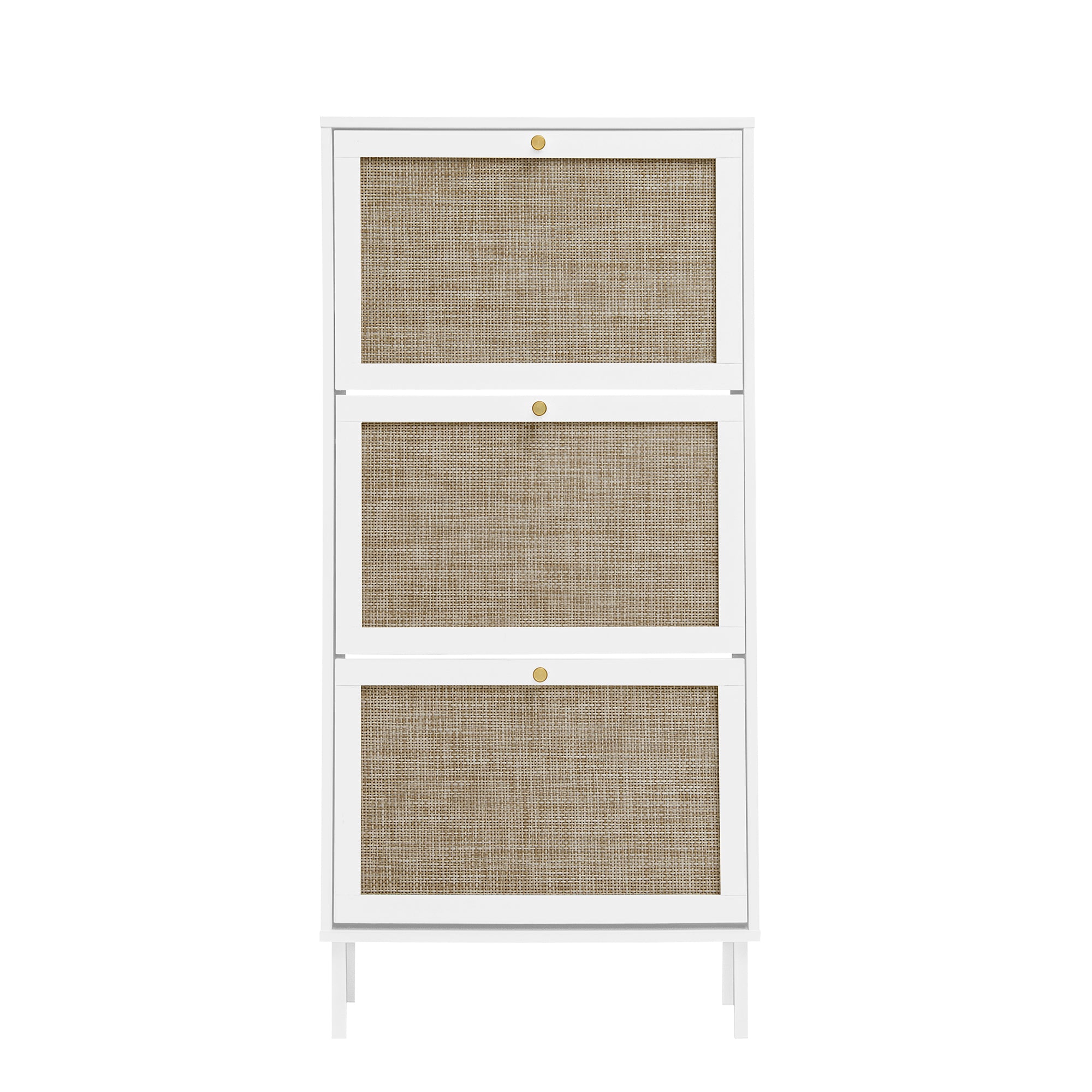 Modern Rattan 3-Door Shoe Rack Cabinet for Entryway – Freestanding White Storage Unit in Particle Board