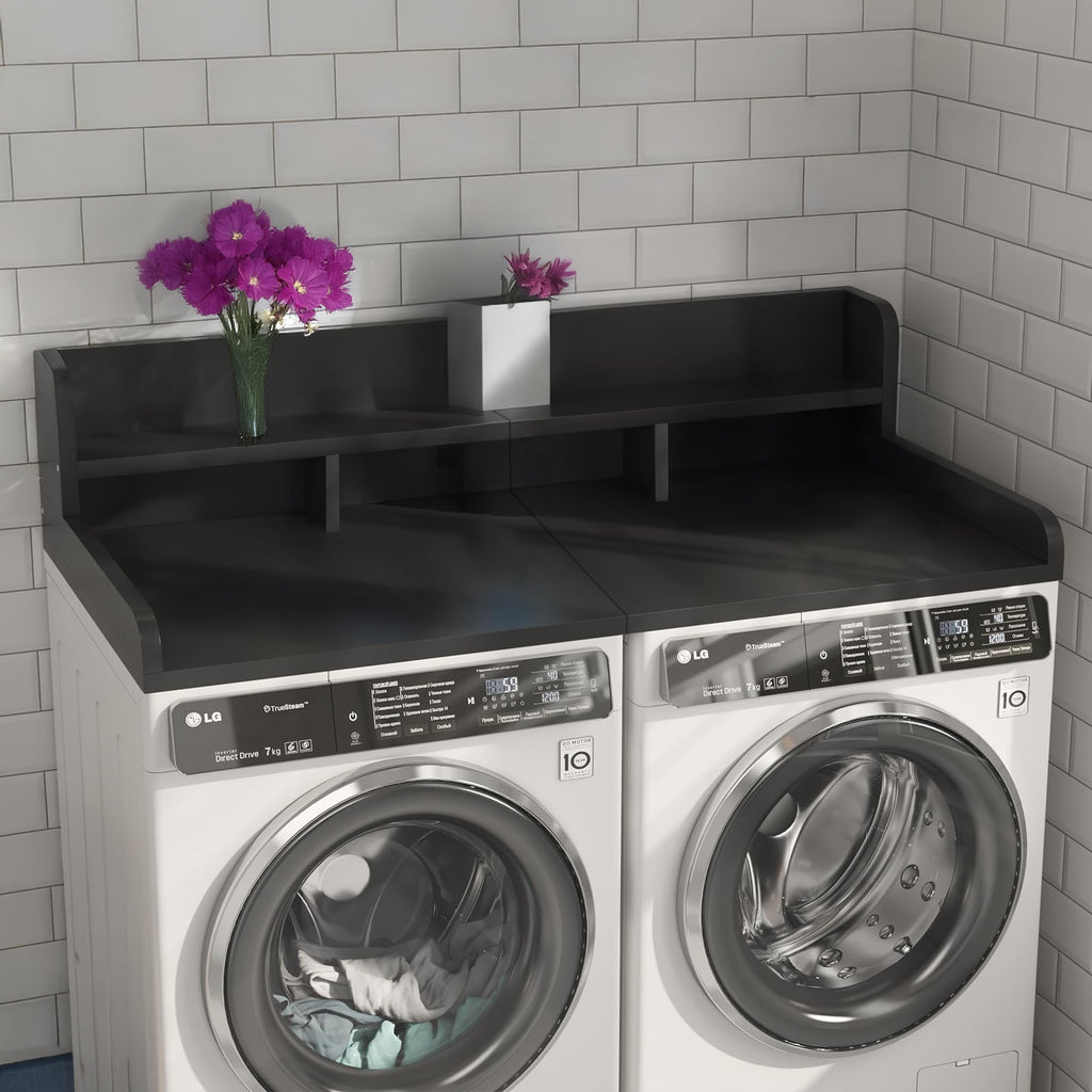 Washer Dryer Countertop with Non-slip Pads, Laundry Wood Shelf Topper with Edge, 54' Width x 27.5' Depth Double Layer Organizer for Washer and Dryer Laundry Hamper Counter Storage Organization (BLACK)