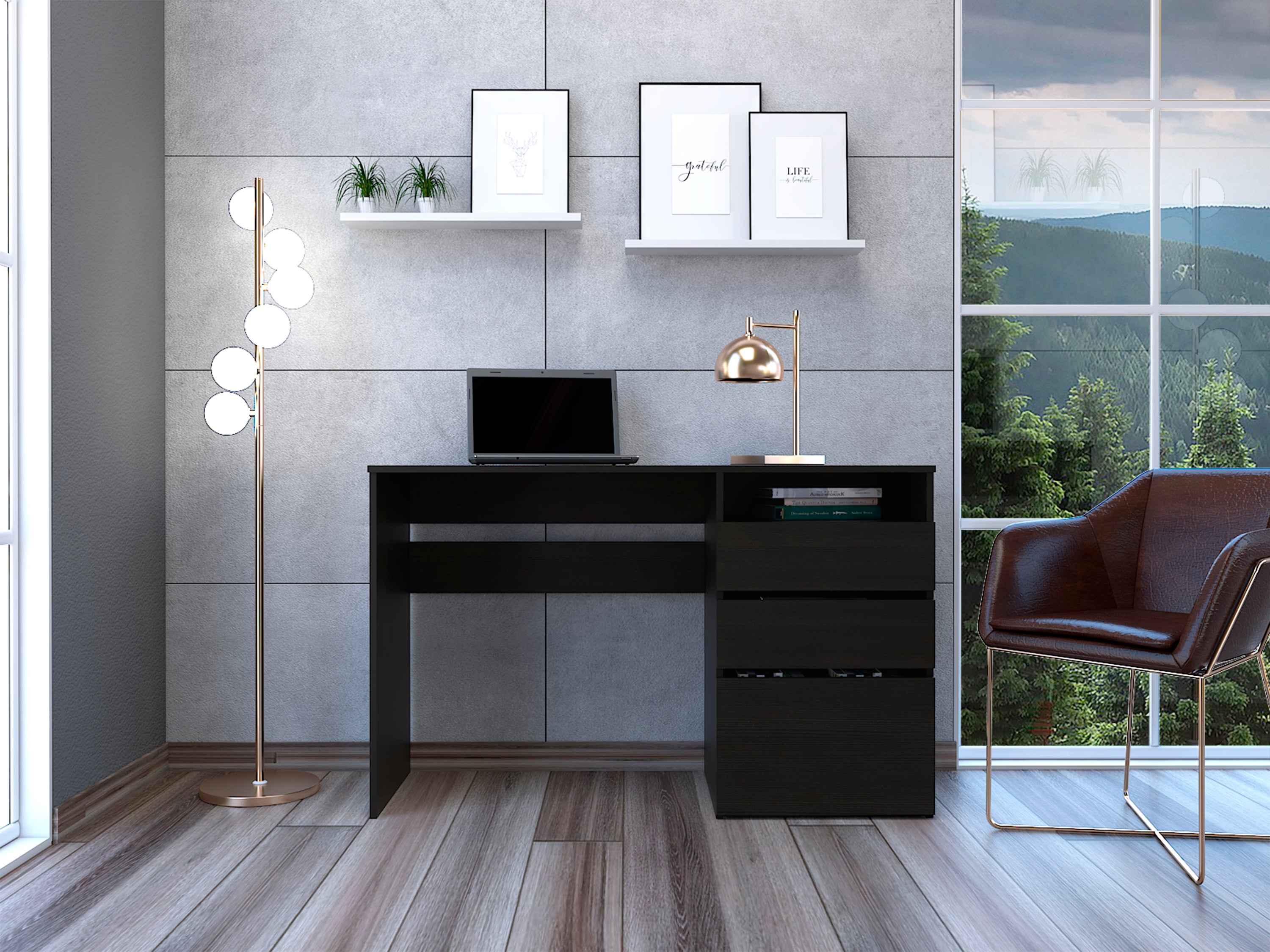 Dublin Three Drawer Computer Desk, One Shelf -Black