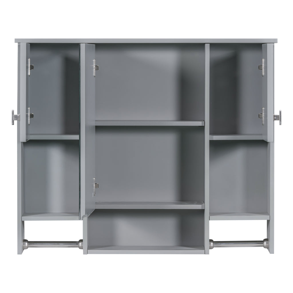 Modern Grey Wall Mounted Bathroom Cabinet with Mirror and Towel Bar, 35'' x 28'' MDF Storage Cabinet with 3 Doors
